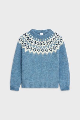 Crew Neck Sweater In Brushed Fair Isle Wool Blue from Celine