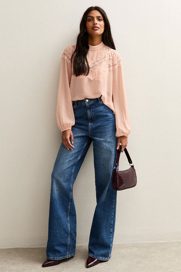 Chiffon Lace Trimmed High Neck Blouse