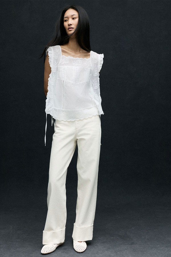 Pure Cotton Lace Bib Detail Embroidered Top from Marks & Spencer