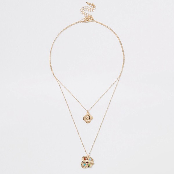 Gold Colour Gem Stone Pendant Drop Necklace