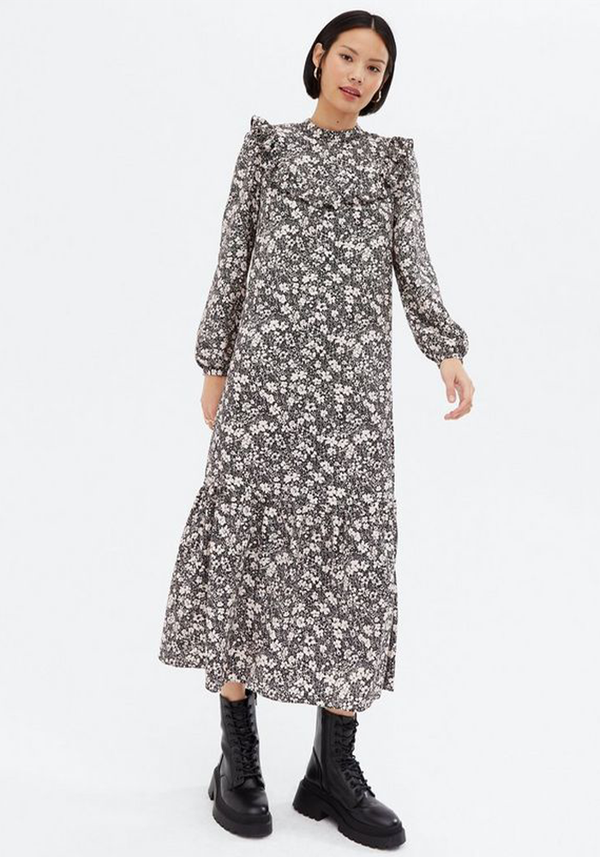 Black Ditsy Floral Yoke Frill Midi Smock Dress from New Look