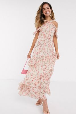 High Neck Cold Shoulder Tiered Ruffle Hem Maxi Dress from Style Cheat