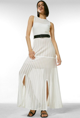 Sheer Stripe Maxi Belted Knit Dress 