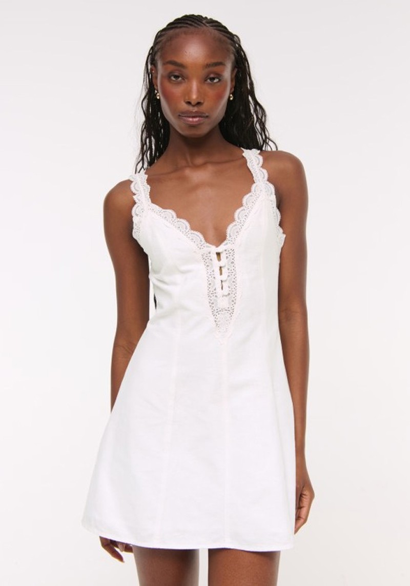 Lace-Trim Button-Front Mini Dress 