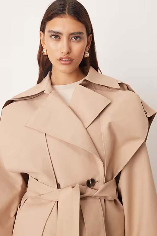 Double Breasted Cropped Trench Coat With Cape Detail