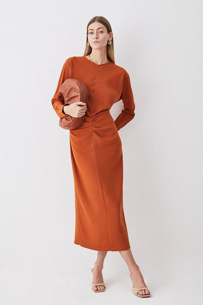 Ruched Crepe Rounded Sleeve Midi Dress