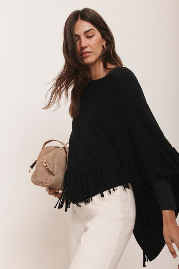 Cotton Blend Fringed Knit Poncho from Mint Velvet