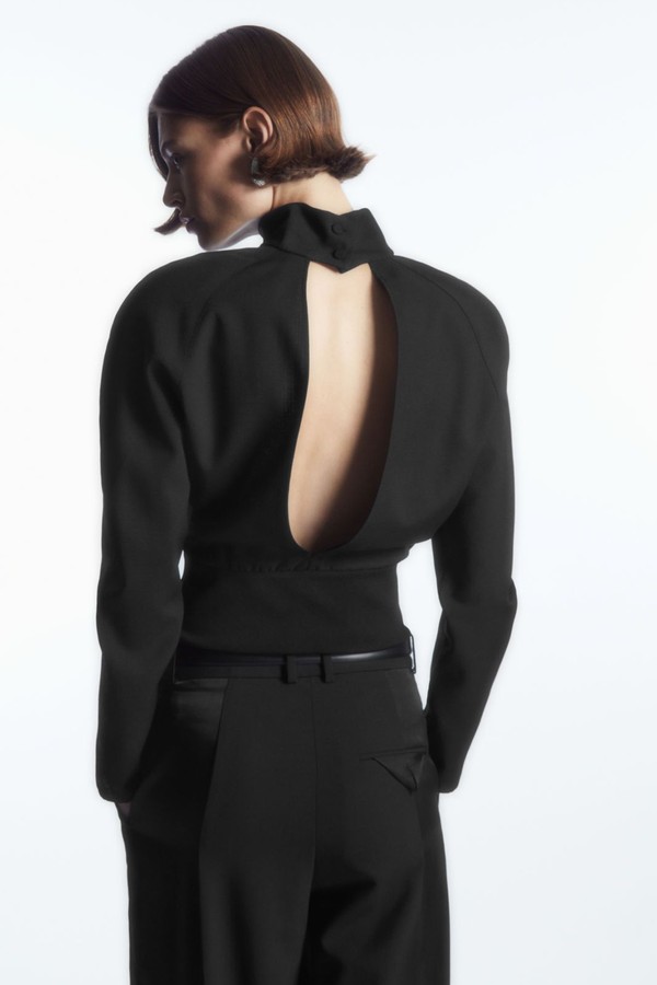 Power-Shoulder Open-Back Waisted Wool Top from COS