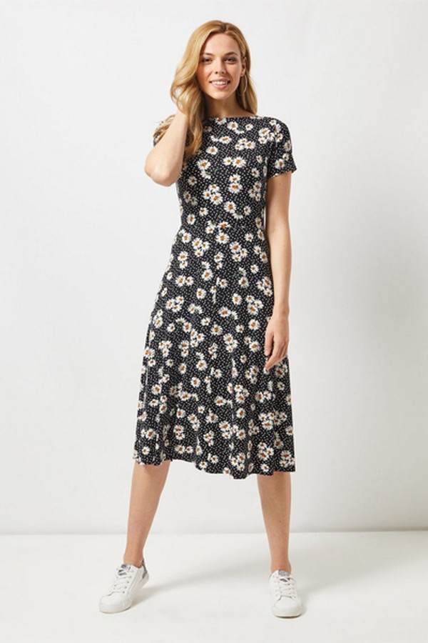 Black Daisy Print Midi Skater Dress