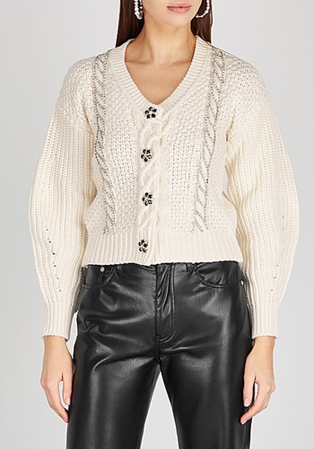 Ivory Crystal-Embellished Cotton-Blend Cardigan from Self-Portrait