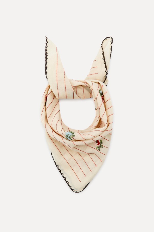 Striped Scarf With Embroidered Flowers