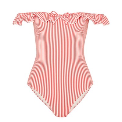 The Amelia Off The Shoulder Ruffle Trimmed Swimsuit from Solid & Striped