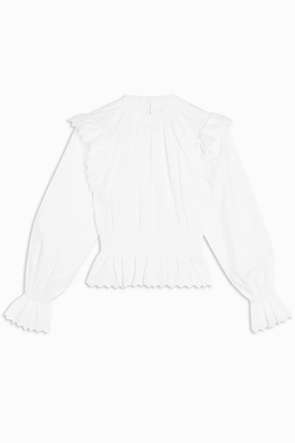 White Shirred Embroidered Blouse from Topshop
