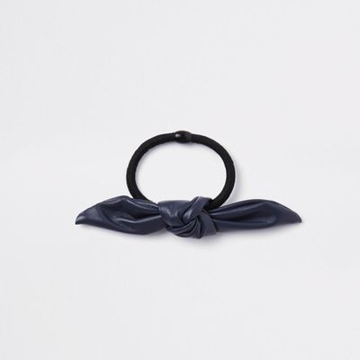 Navy Faux Leather Bow Hair Tie