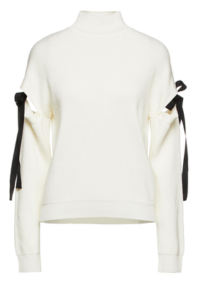 Cut Out Bow-Detailed Ribbed Wool Turtleneck Sweater from Boutique Moschino