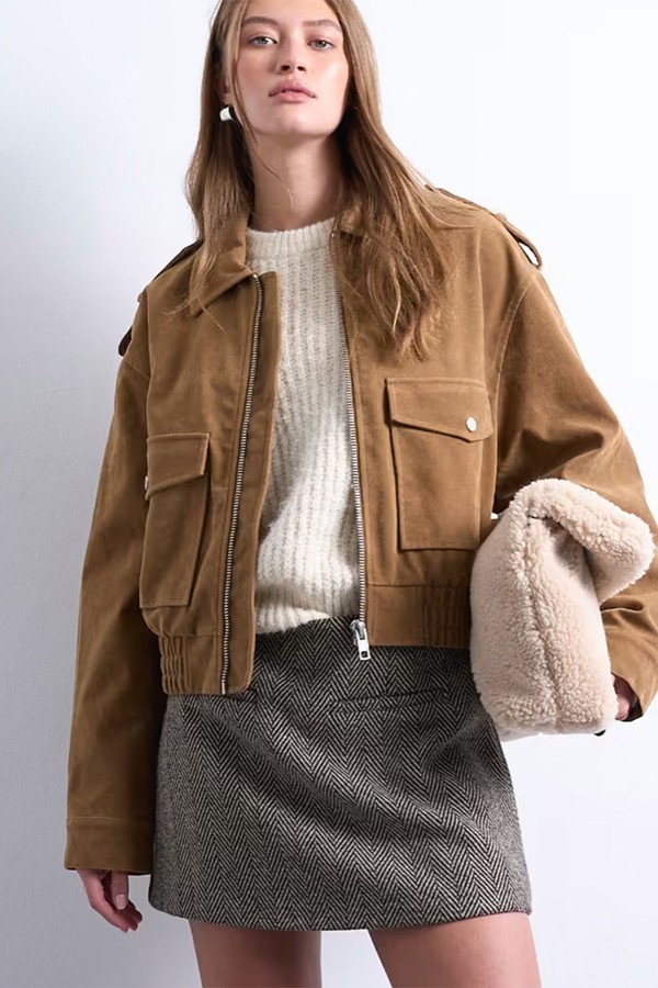 Cropped Faux Suede Bomber Jacket With Popper Details  from Topshop