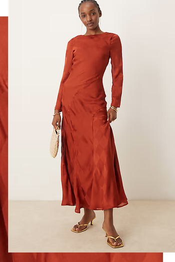 Long Sleeve High Neck Check Satin Midi Dress from asos