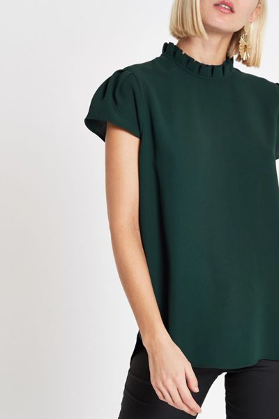 Dark Green Frill Neck Shell Top