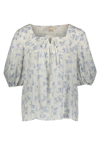 White & Blue Floral Linen Blend Blouse