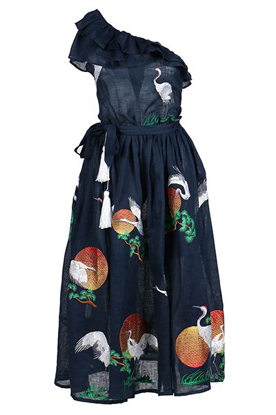 One Shoulder Exotic Bird Flock Midi Dress from Fanm Mon