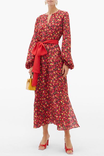 Lucia Cheery Print Silk Crepe Midi Dress from Saloni