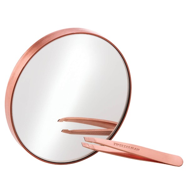 Rose Gold Mini Slant Tweezer and 10x Mirror from Tweezerman