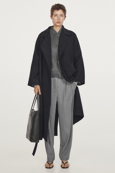 Long Wool Blend Check Robe Coat  from Massimo Dutti