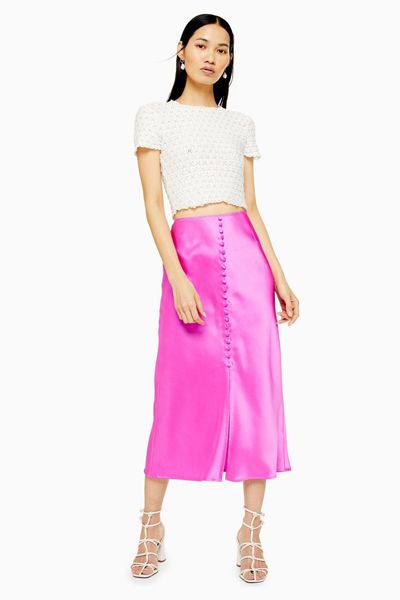 Pink Button Through Satin Bias Skirt