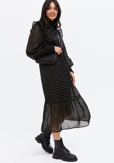 Black Spot Chiffon Frill Midi Oversized Smock Dress