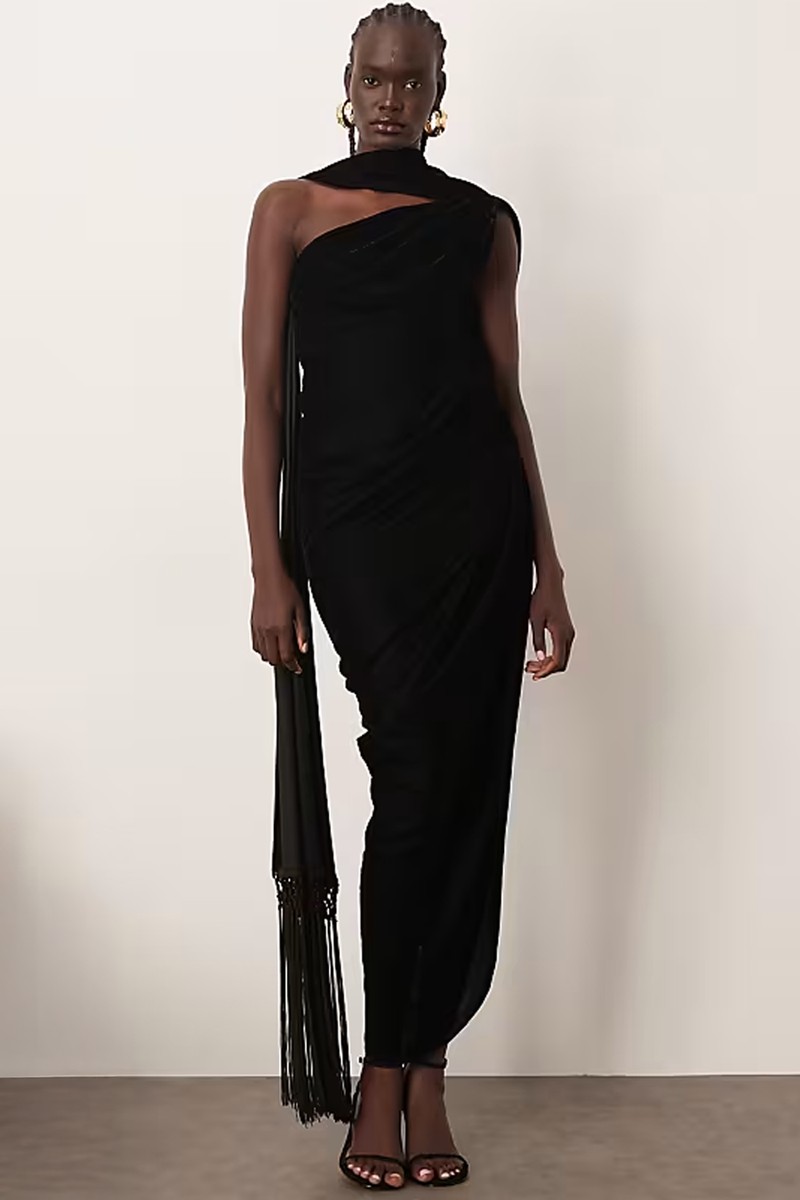 Scarf Neck Draped Velvet Maxi Dress With Low Back & Train from ARRANGE