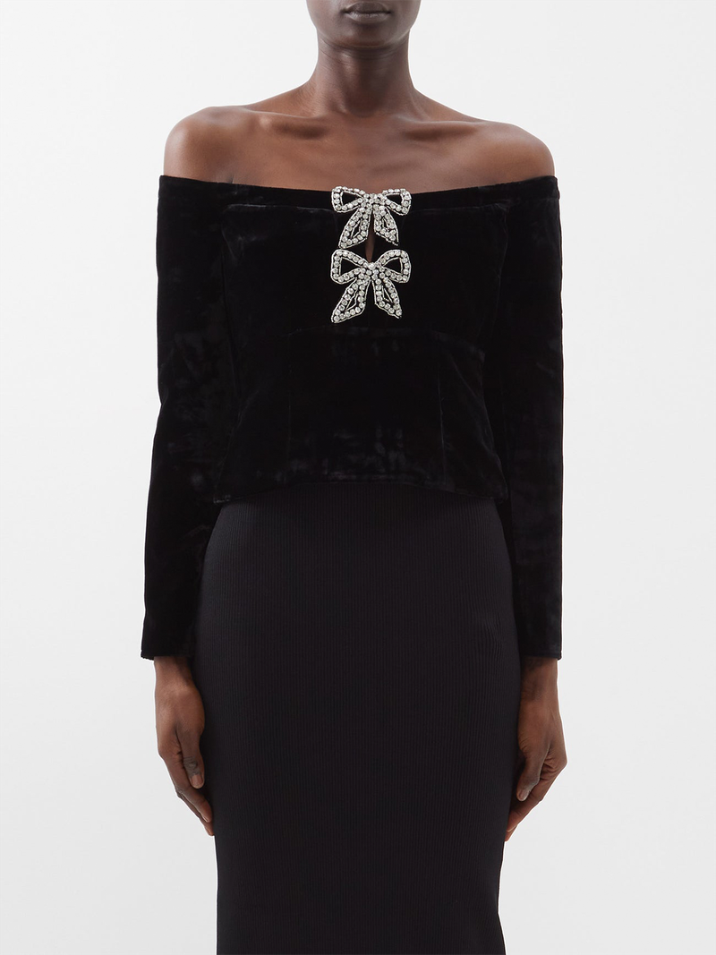Crystal Bow Off The Shoulder Velvet Top from Self Portrait