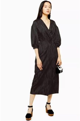 Black Printed Oversized Sleeve Wrap Midi Dress