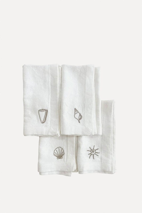 Set Of 4 Shell Embroidered Linen Napkins from Bylinen Stockholm