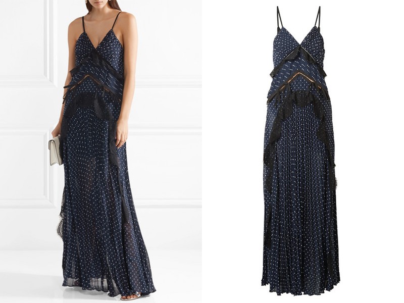 Cutout Lace-Trimmed Pleated Fil Coupé Chiffon Maxi Dress from Self-Portrait