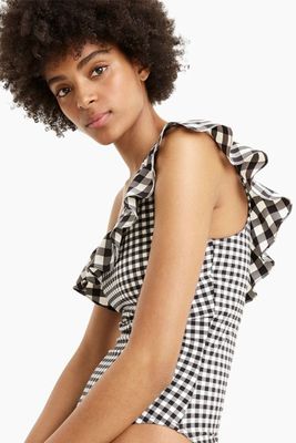 Ruffle One-Shoulder One-Piece Swimsuit In Mixed Gingham