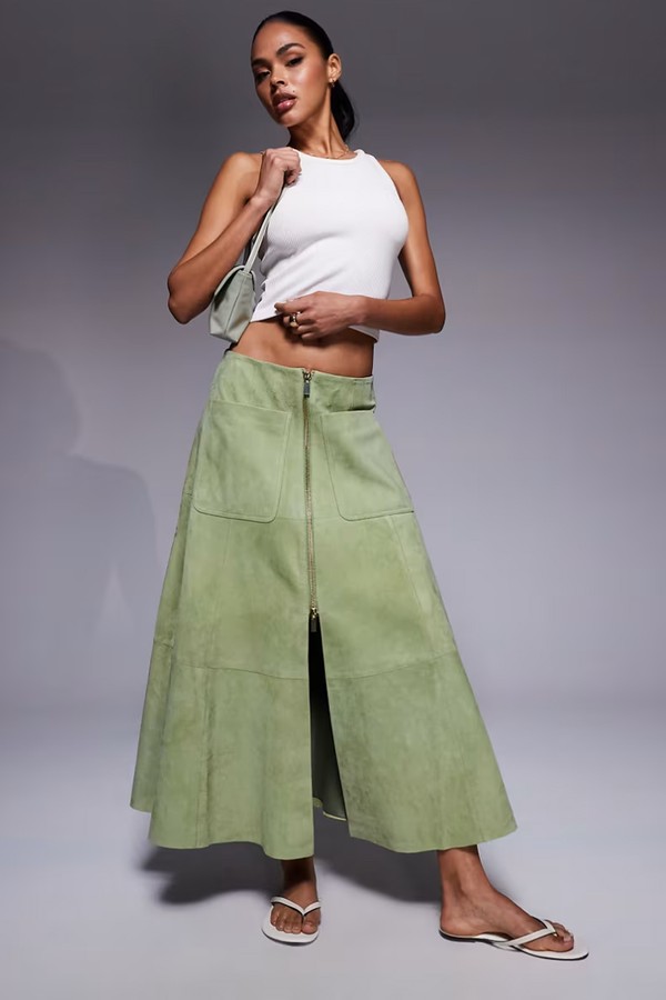 Real Suede Zip Front Midi Skirt from ASOS DESIGN