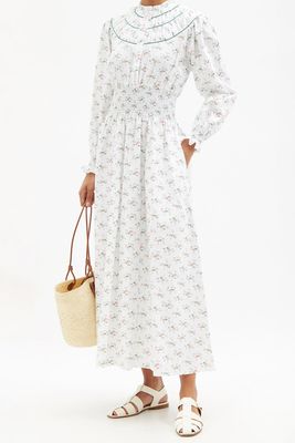 Zaira Hand-Smocked Floral-Print Poplin Maxi Dress from Loretta Caponi