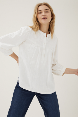 Double Cloth Embroidered 3/4 Sleeve Blouse from M&S