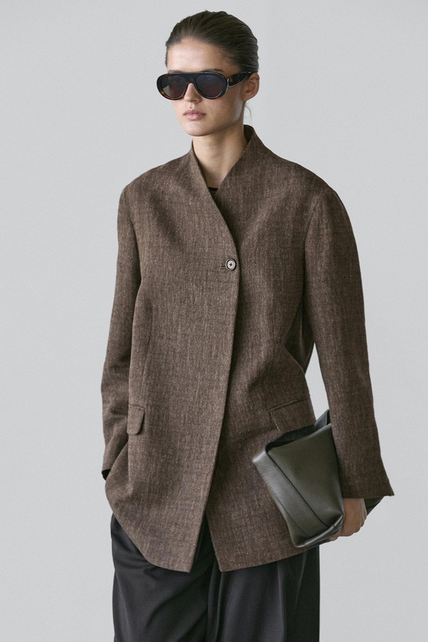 Flecked Wool Blend Coat With High Collar 