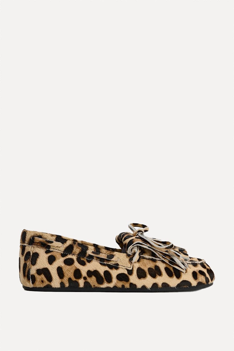 Animal Print Leather & Sheepskin Loafers from Zara