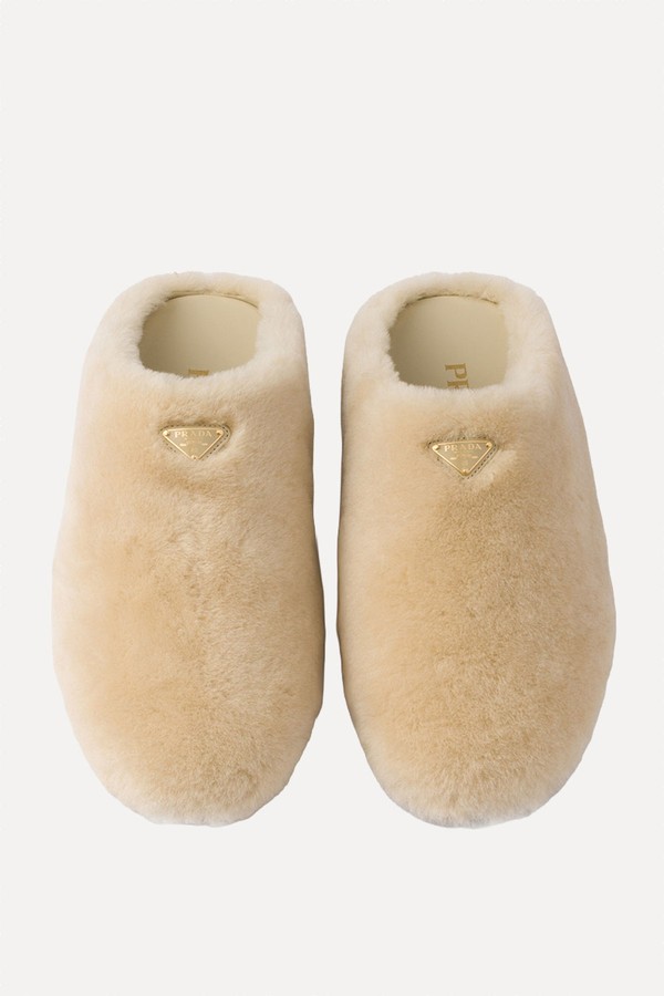 Triangle Logo Shearling Mules from Prada