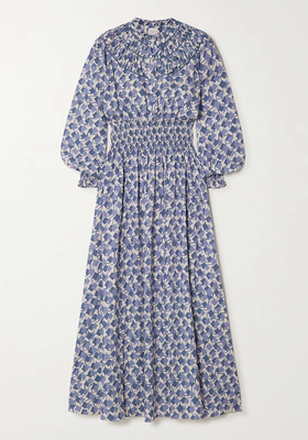 Zaira Smocked Floral-Print Poplin Maxi Dress from Loretta Caponi