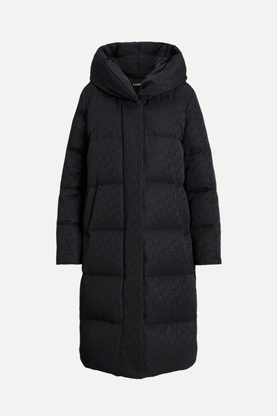 Logo Jacquard Oversize-Collar Down Coat