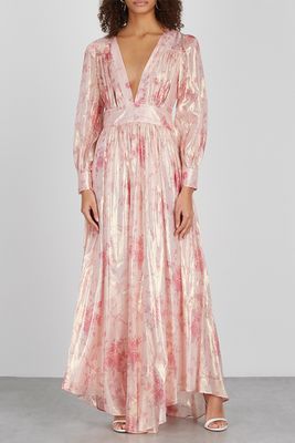 Cyrene Floral-Print Lamé-Weave Maxi Dress from LoveShackFancy