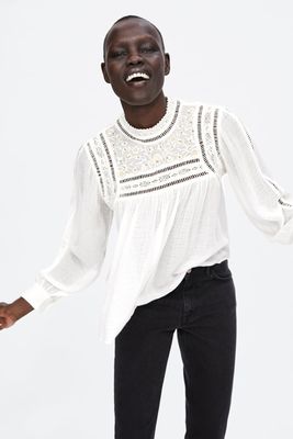 Lace-Trimmed Embroideed Blouse from Zara