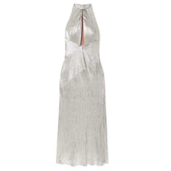Halterneck Textured-Lamé Midi Dress from Galvan