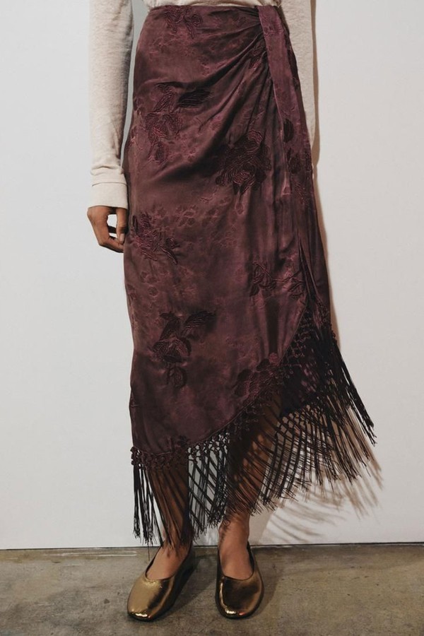 Embroidered Fringed Sarong Skirt