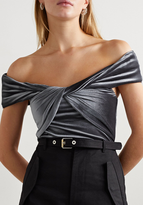 Grove Off-The-Shoulder Twisted Stretch-Velvet Bodysuit from Alix NYC
