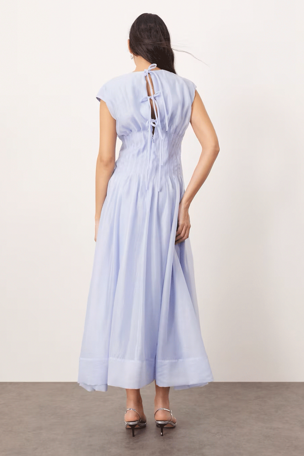 Organza Pleat Waist Midi Dress With Tie Back Detail