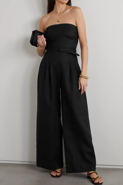 Alegrias Strapless Belted Linen Jumpsuit from Faithful The Brand